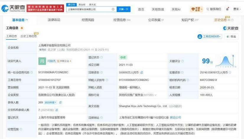 于2021年11月,为闫俊杰,经营范围包括人工智能基础软件开发